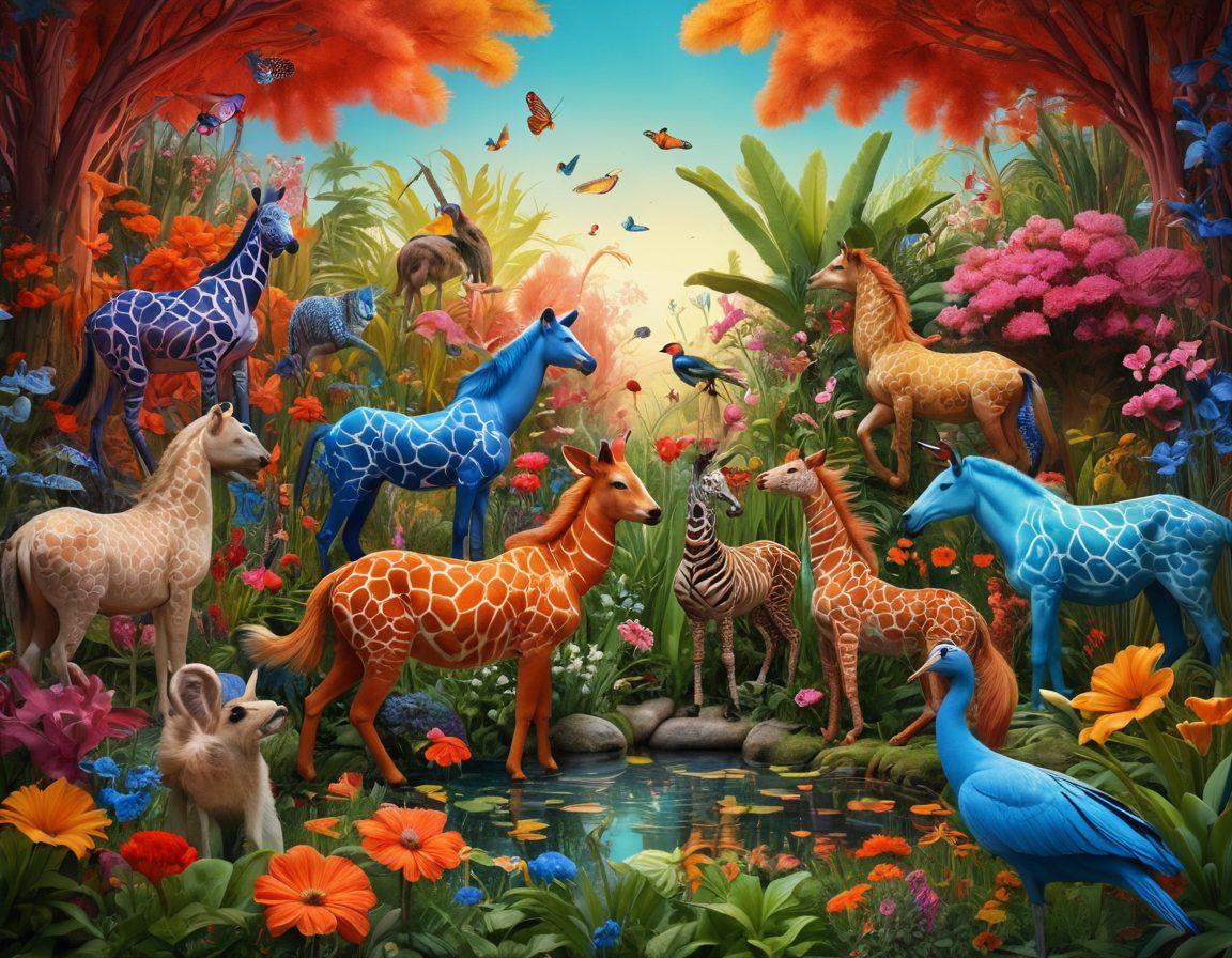 A captivating scene depicting a diverse group of animals interacting in an enchanting garden, showcasing unique mating rituals and behaviors, with a vivid representation of various alternative sexual lifestyles symbolized through vibrant colors and intricate patterns on the animals. The backdrop should include whimsical flora and soft, ethereal lighting to evoke a sense of wonder and curiosity. surrealism. vibrant colors. 3D.