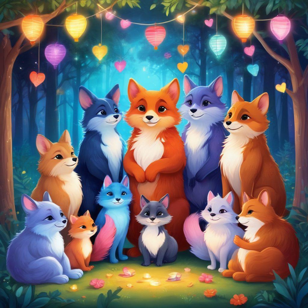 A colorful and vibrant illustration of a diverse group of furry characters gathered in a cozy setting, sharing stories and laughter, with elements of love and connection depicted through heart motifs and intertwined tails. The backdrop features a whimsical forest party atmosphere, filled with rainbow lights and fairy lanterns, emphasizing inclusivity and celebration of queer relationships. The characters should represent various species and genders, showcasing acceptance and joy. vector art. vibrant colors. whimsical.